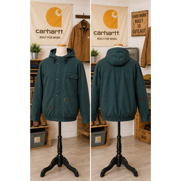 Carhartt Other - Vintage Carhartt Hooded Work Chore Jacket Green Distressed Workwear Coat XXL